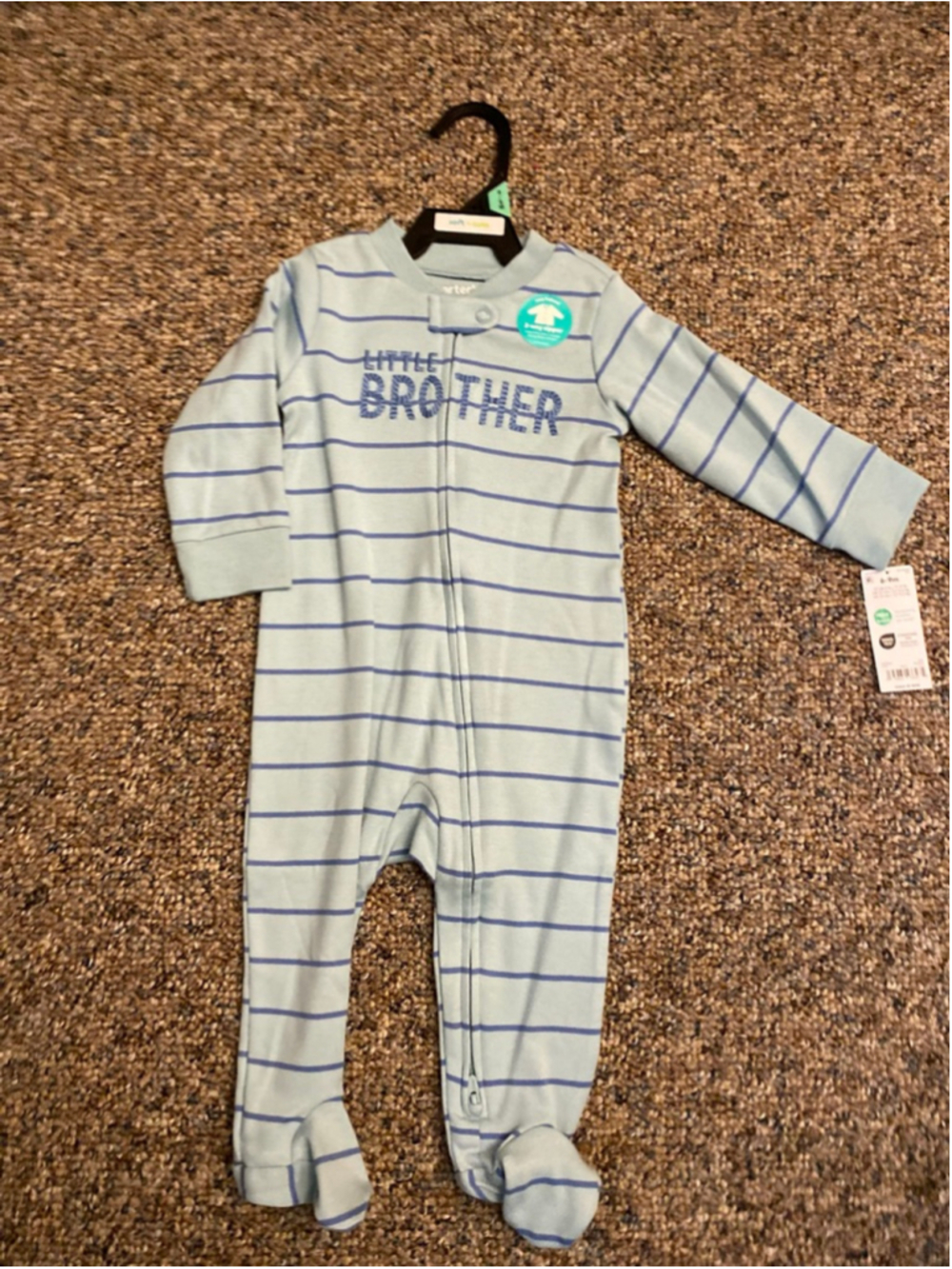 Baby Carter's Light Blue Striped "Little Brother" Footie 6-9 Months